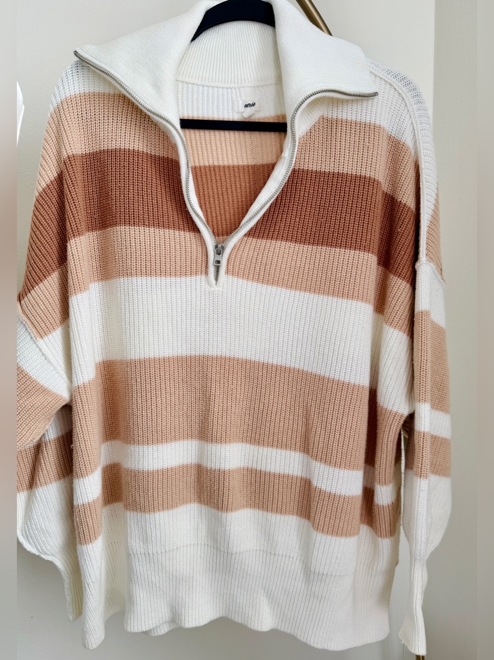 Aerie Striped Half-Zip Sweater in Cream and Tan